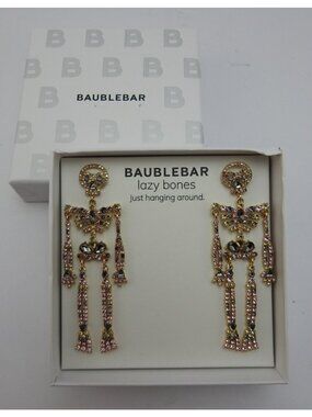 New BaubleBar Lazy Bones Skeleton Rhinestone Drop Earrings Halloween Gothic Box